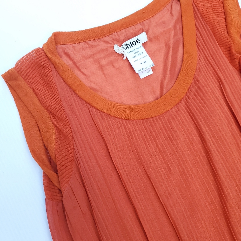 Chloé Orange Draped Ruffled Hem Pleated Dress - Picture 5 of 11